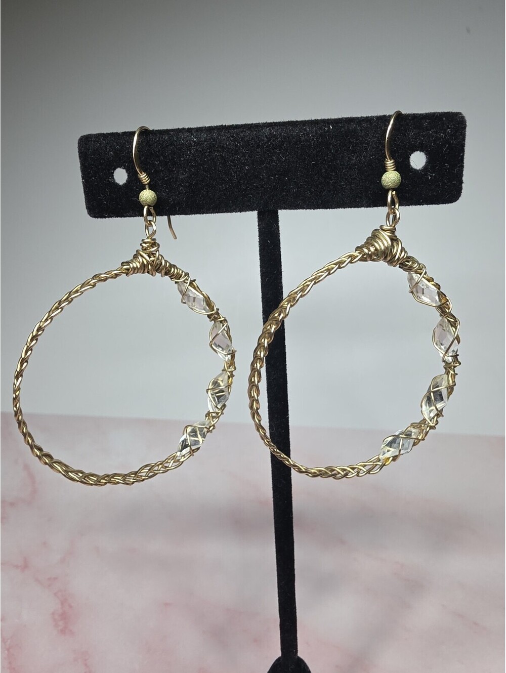 14k GF Stamp Wire Wrapped Hoop Earrings Clear Crystal Artisan Boho